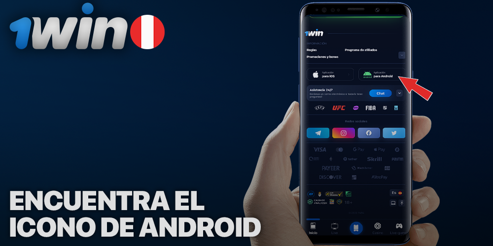 Busque el icono de Android en la parte inferior del sitio web de 1Win