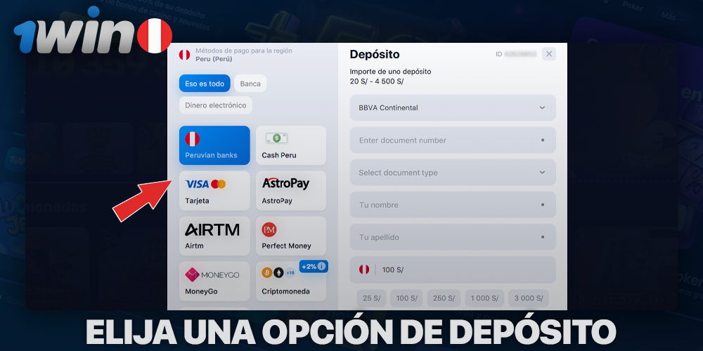 Elija un método de depósito en 1Win