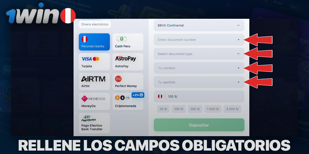 Ingrese la información para el depósito en 1Win