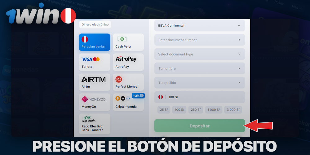 Haga clic en el botón Depositar en 1Win