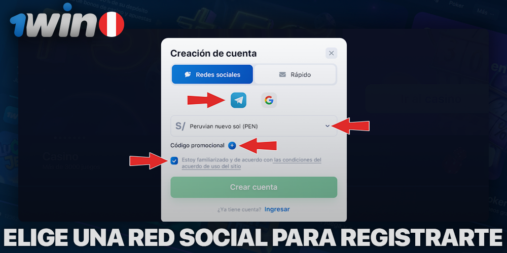 Registro en 1Win a través de las redes sociales